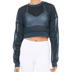Alo Yoga Row Long Sleeve Meshed Sheer Oversized Cropped Ribbed Top NAVY